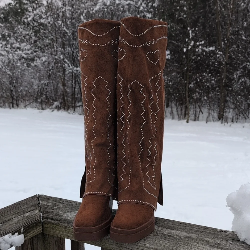 Cape Robbin Brown Heeled Boots with Heart and Zigzag Studs - Picture 3 of 11